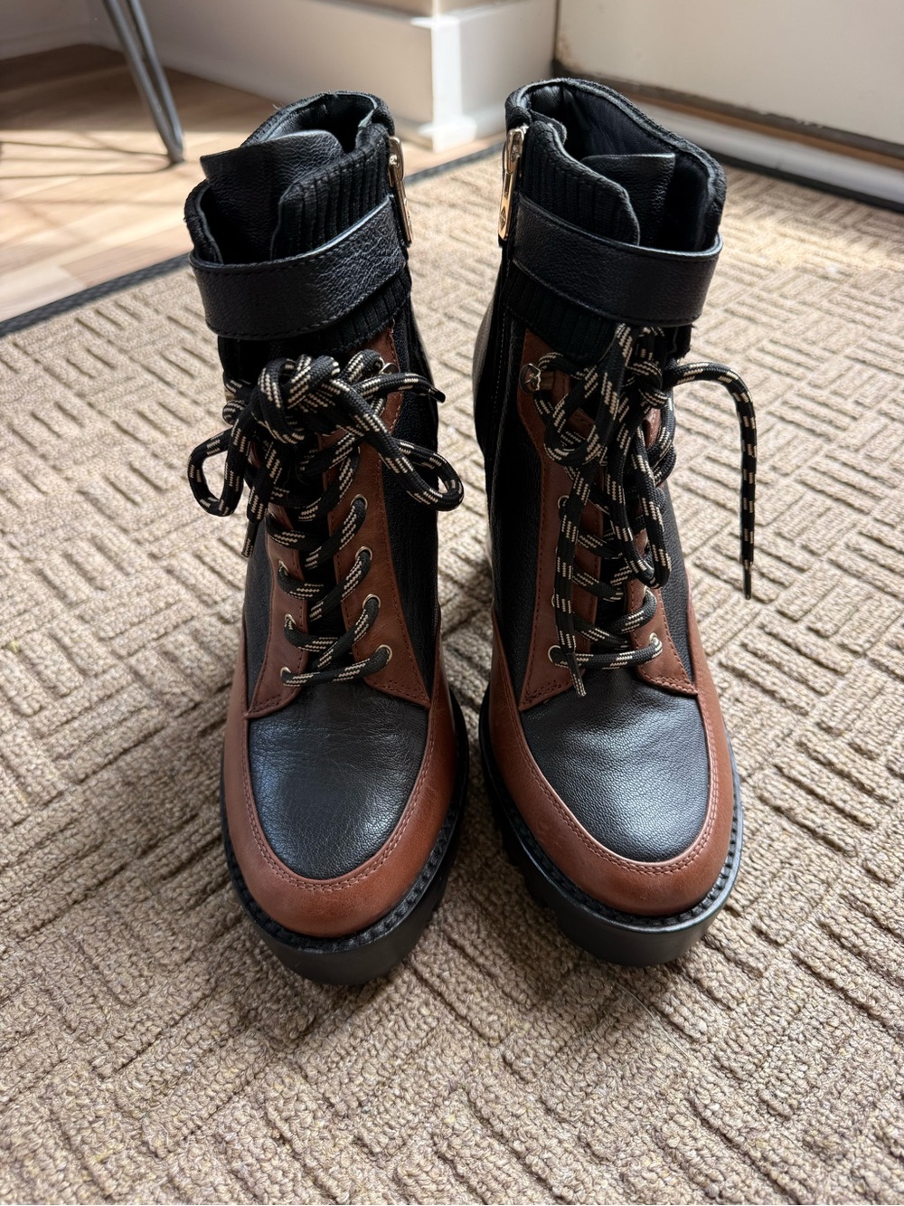 ANTONIO MELANI Black and Brown Leather Lace-Up Ankle Boots with Strap